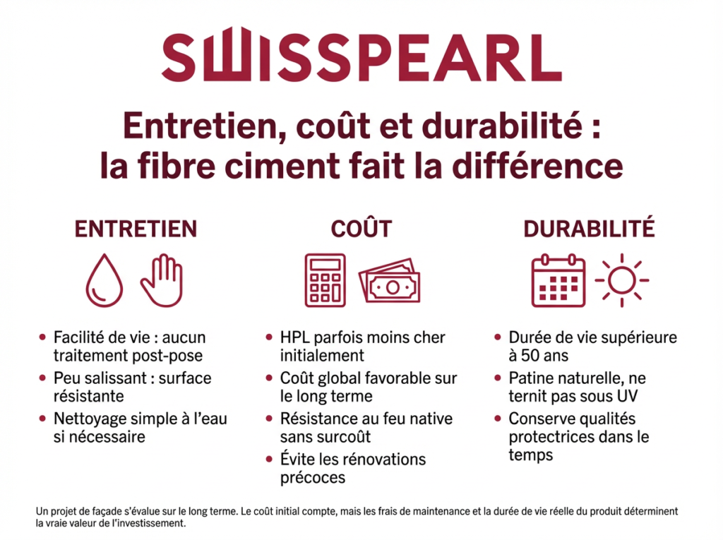 Comparatif entretien, coût et durabilité fibre ciment Swisspearl