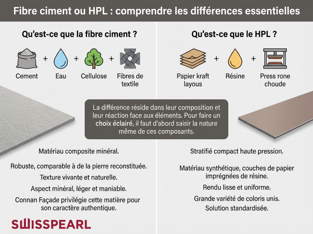 Comparaison fibre ciment et HPL, matériaux et propriétés.