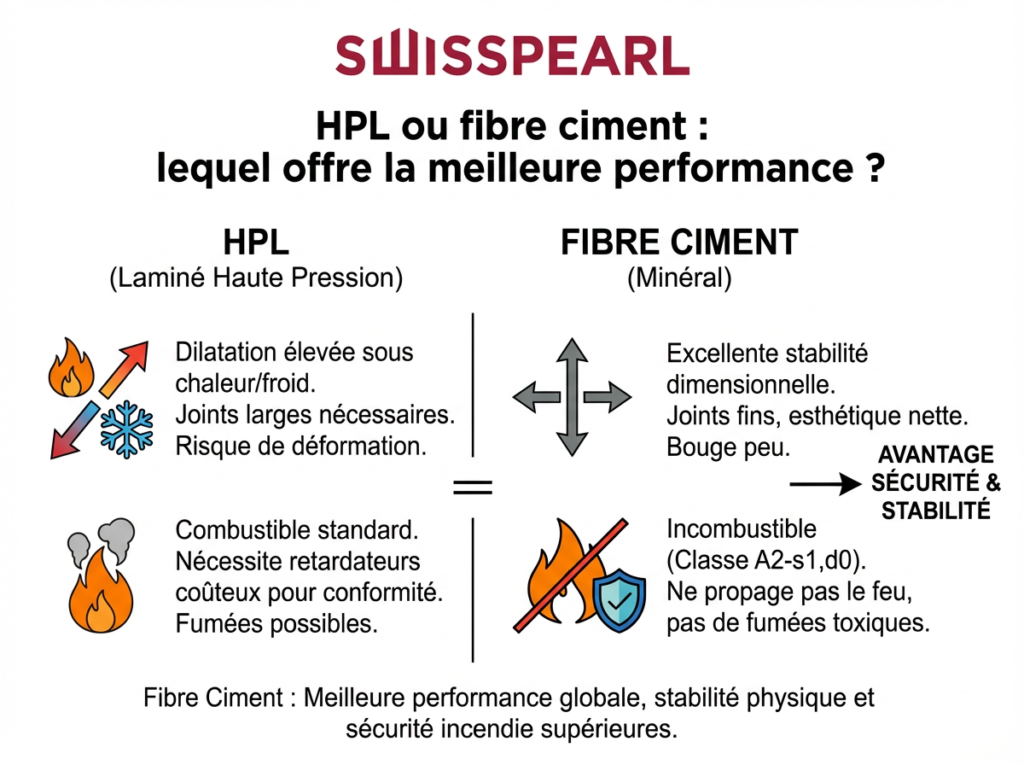 Comparaison performances HPL et fibre ciment Swisspearl.