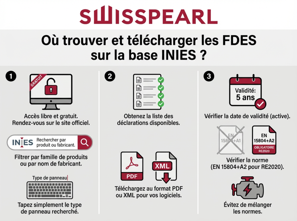 Guide Swisspearl pour télécharger les FDES sur INIES
