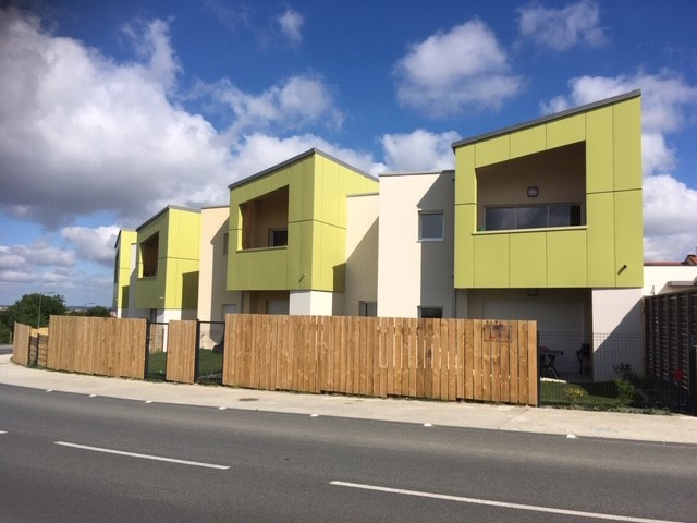 Maisons modernes aux façades vert anis et clôtures bois