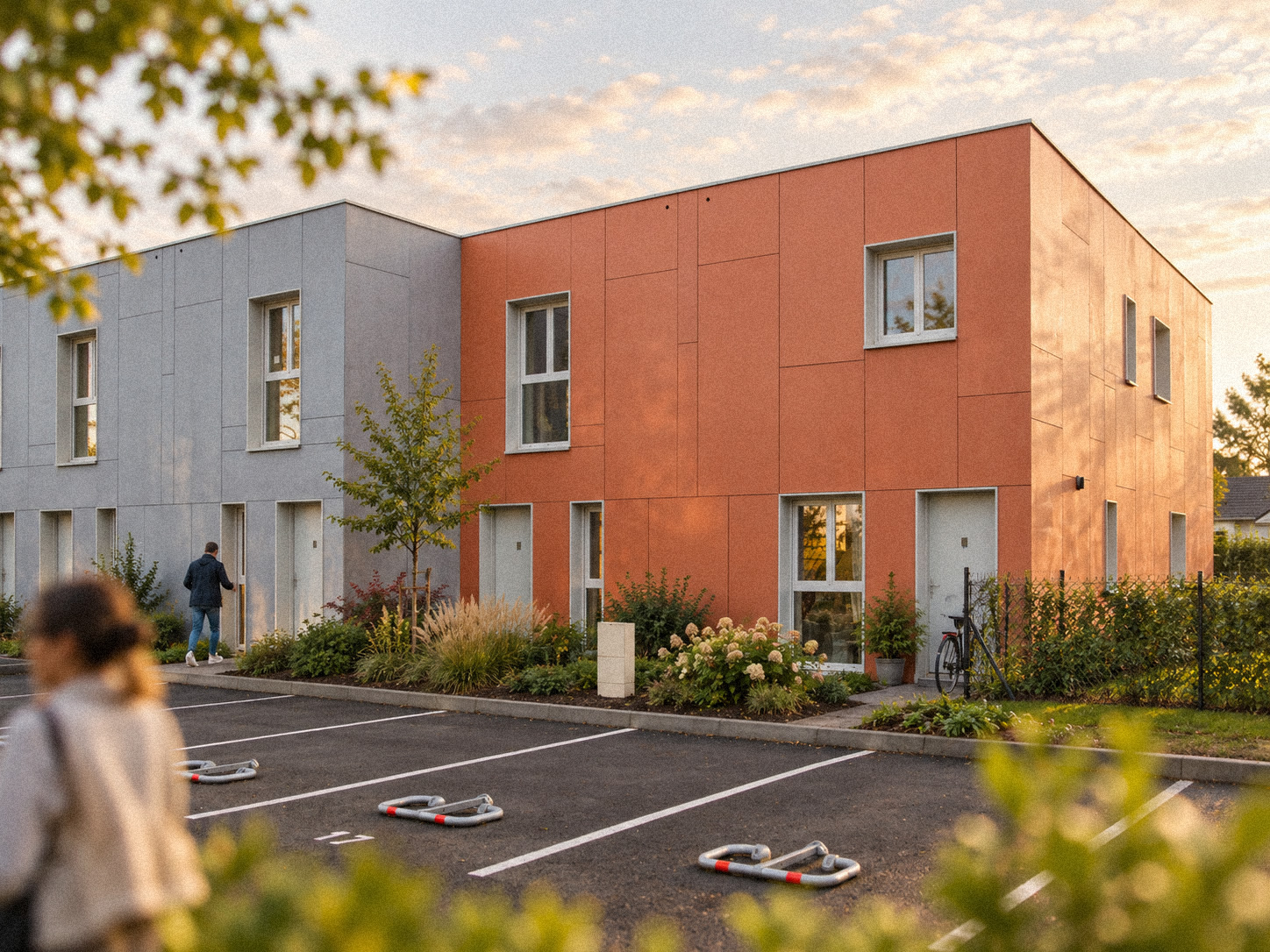 Maisons contemporaines colorées avec stationnement et végétation